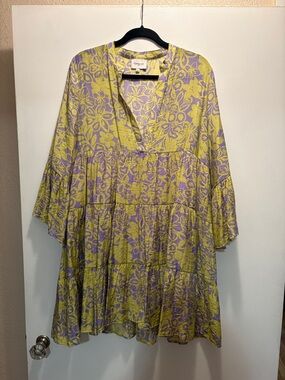 Choklate  Yellow and Lavender Floral Tiered Tunic Dress